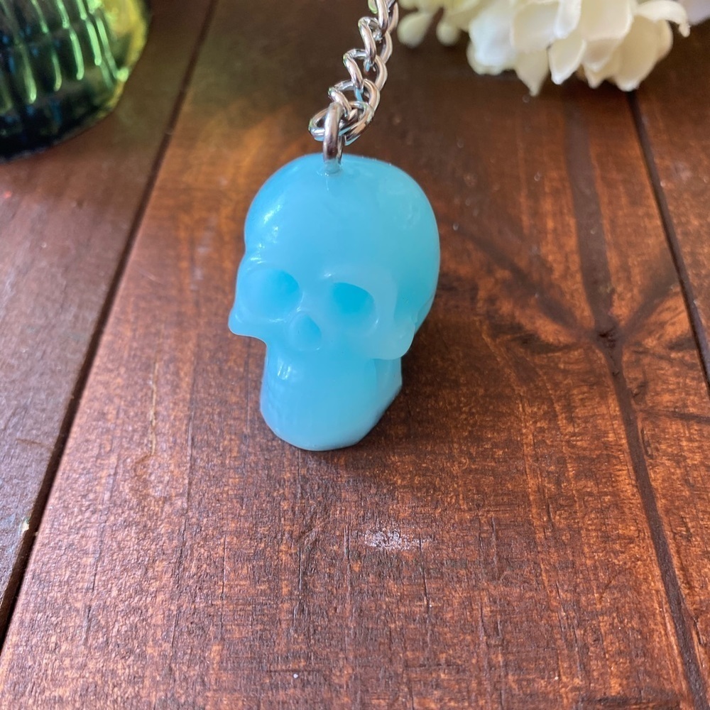 Handcrafted Resin Milky Light Blue Skull 3” Keychain Gothic Backpack Bag Charm - Picture 5 of 8